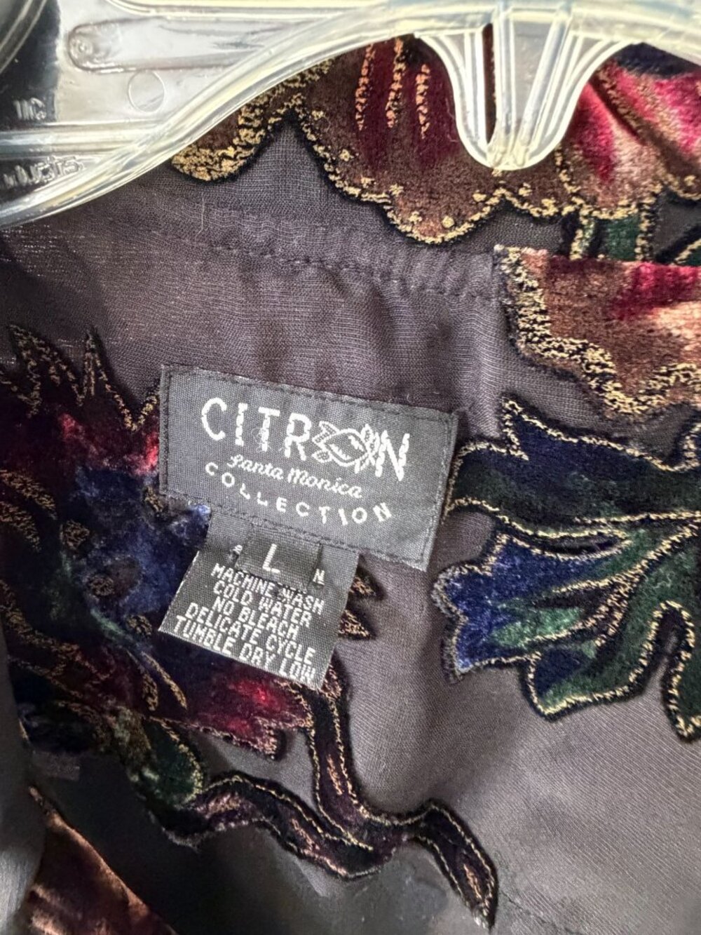 Citron Santa Monica Velvet Burnout Devoré Blouse Floral Frog Closure Size L - Picture 3 of 10